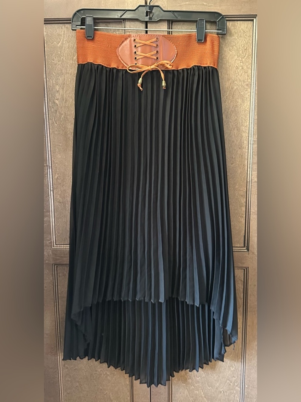 Boho/Western Sheer Pleated Black Skirt Leather Laced Detail Waist Size M